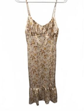 NWOT Cider satin Floral yellow, brown, cream ruffle midi slip dress size medium